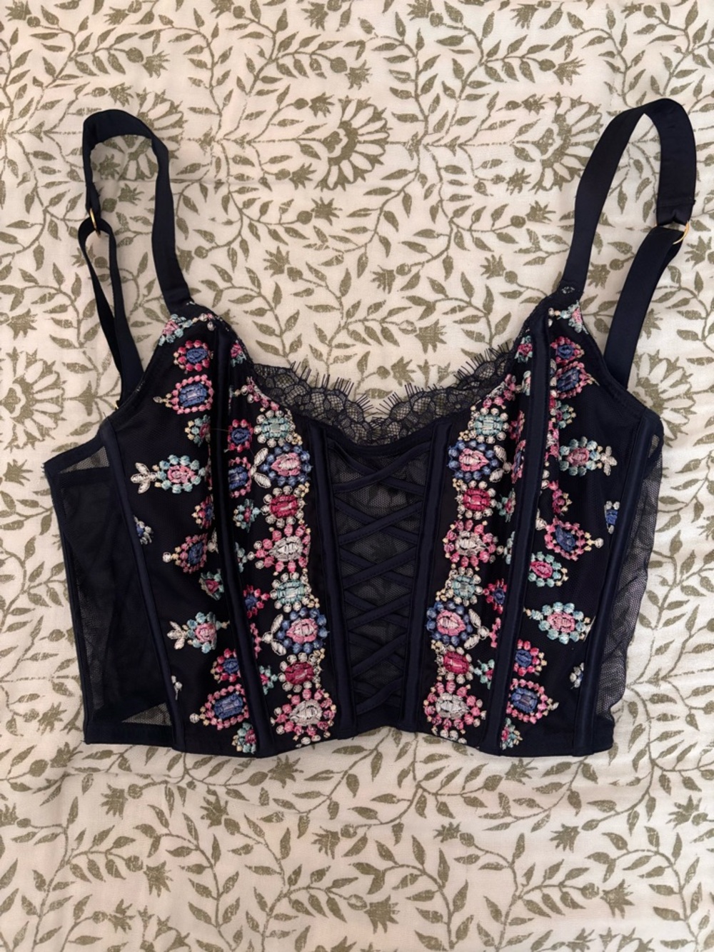 Victoria’s Secret Navy blue floral lace Dream Angels corset top